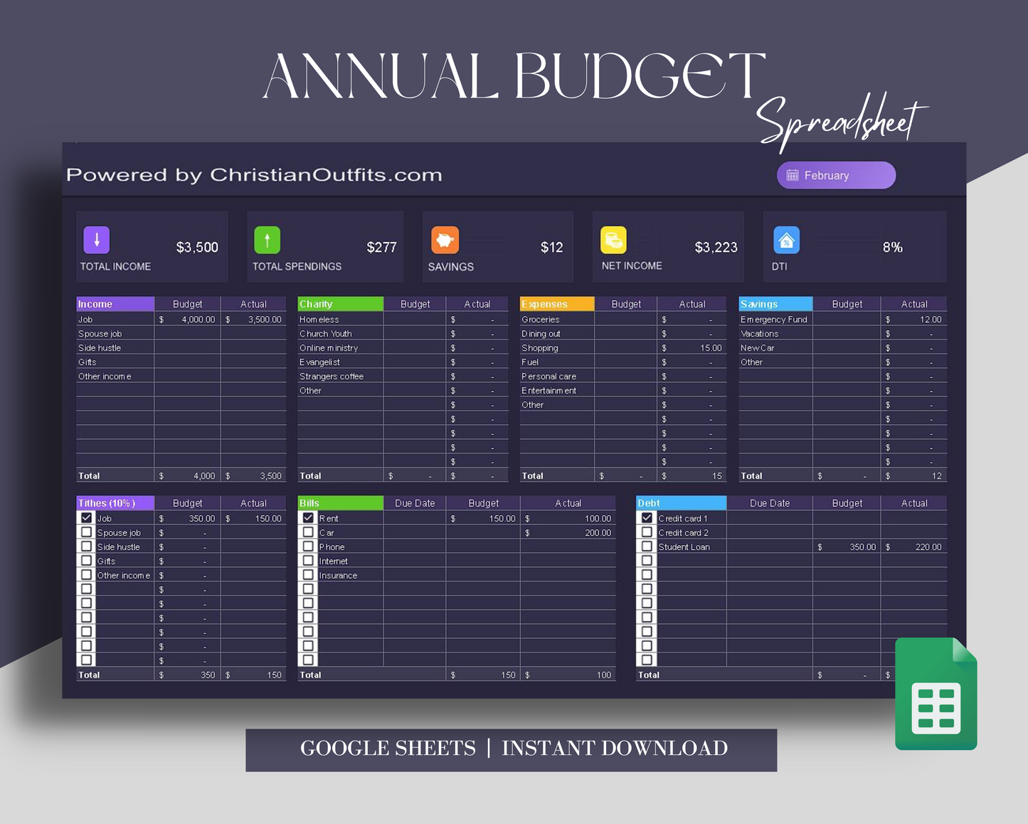 Google Sheet Annual | Monthly Budget Spreadsheet