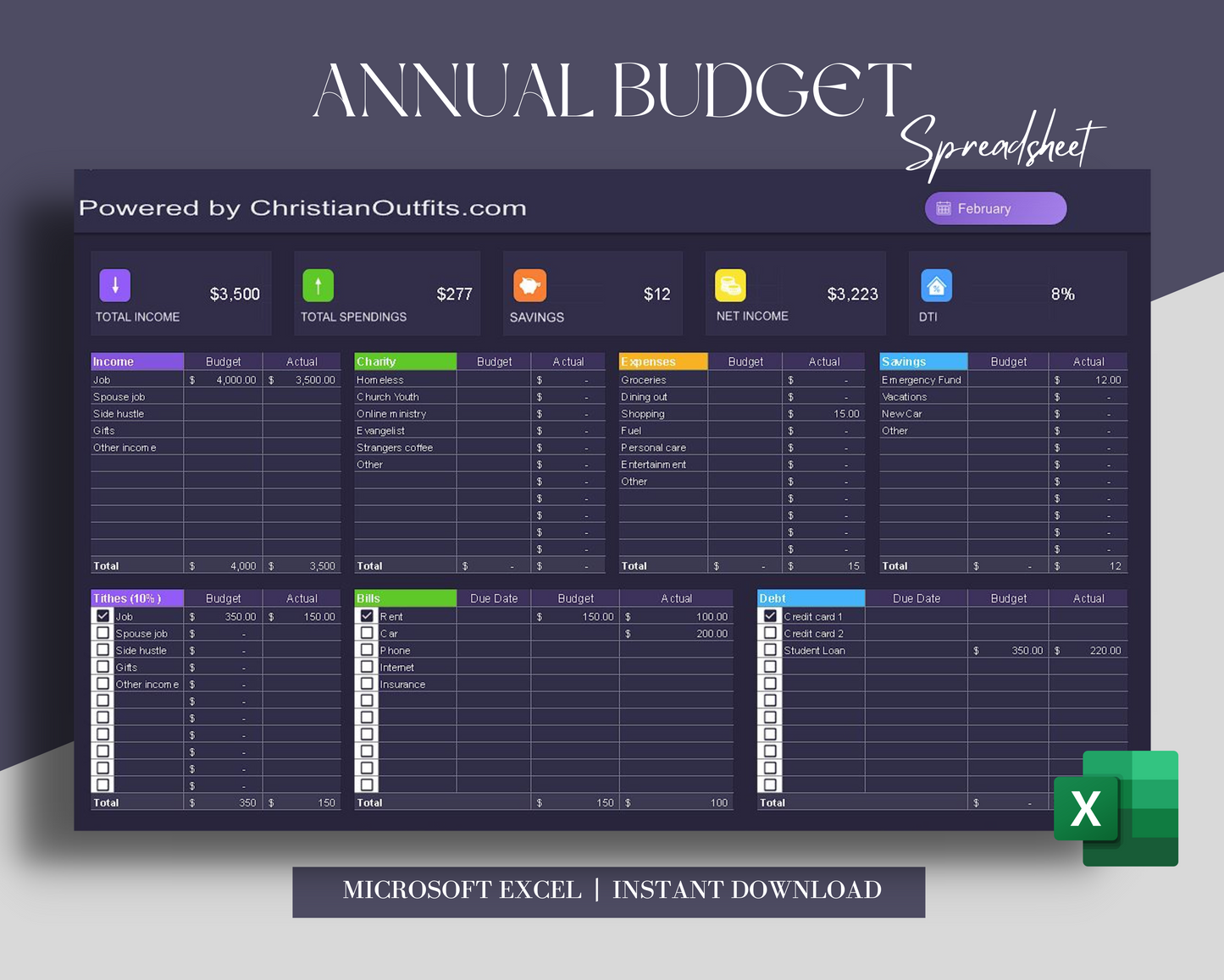 Microsoft Excel Annual | Monthly Budget Spreadsheet